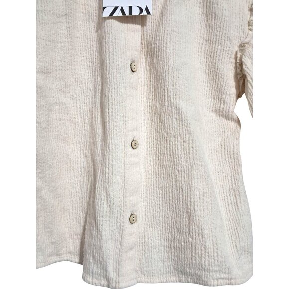 ZARA Girls Blouse Size 3-4 Cream Cotton Puff Sleeve Button Down Top With Ruffle - Picture 5 of 9